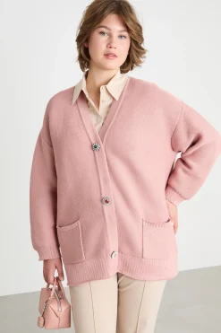 Cardigan cocoon con bottoni gioiello - Rosa