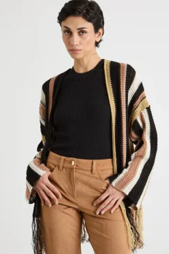 Cardigan con frange - Cammello Bianco Nero