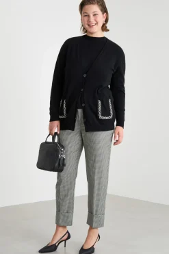 Cardigan con tasche ricamate con strass - Nero