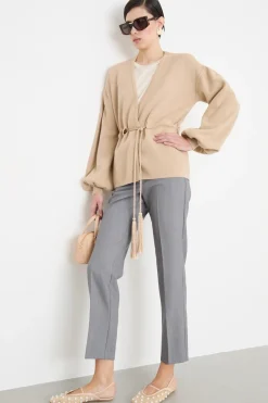 Cardigan in lana con coulisse - Cammello