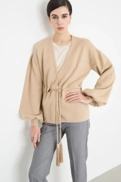 Cardigan in lana con coulisse - Cammello