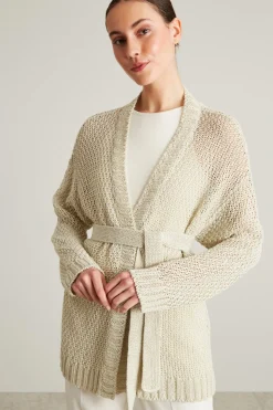 Cardigan in lino con cintura - Paglia