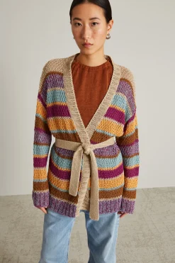 Cardigan in lino con cintura - Rigato