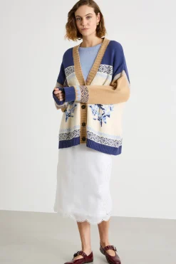 Cardigan jacquard color block - Blu Bianco Cammello