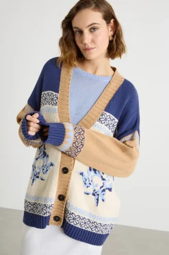 Cardigan jacquard color block - Blu Bianco Cammello