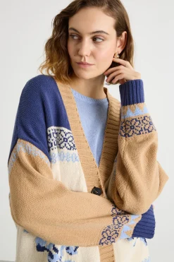 Cardigan jacquard color block - Blu Bianco Cammello