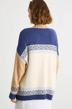 Cardigan jacquard color block - Blu Bianco Cammello