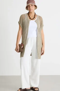 Cardigan lungo con punto traforato - Beige