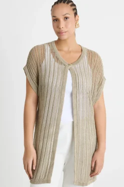 Cardigan lungo con punto traforato - Beige