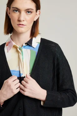 Cardigan over in lino a coste - Nero
