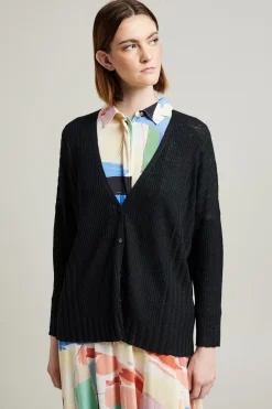 Cardigan over in lino a coste - Nero