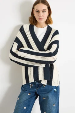 Cardigan traforato open-front - Blu Bianco