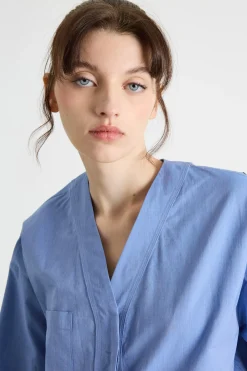 Casacca a V in tela - Azzurro