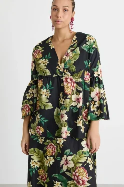Casacca con balza in raso stampato - Nero