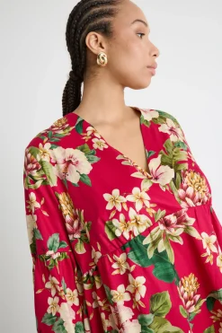 Casacca con balza in raso stampato - Rosso