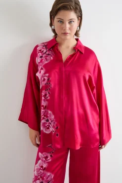 Casacca in raso con stampa piazzata - Fuxia