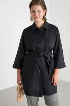 Casacca in tela con cintura - Nero