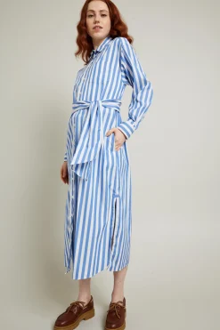 Chemisier a righe con fusciacca - Azzurro Polvere Bianco