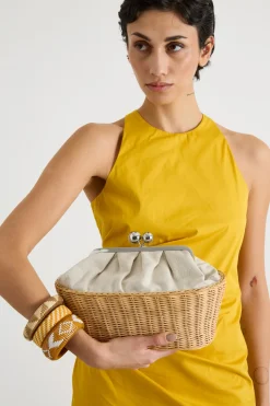 Clutch in tela e rattan - Bianco