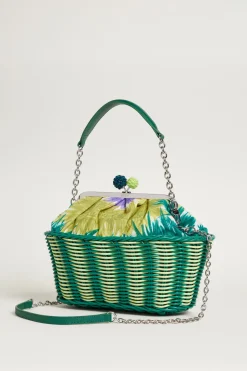 Clutch in tela stampata e rattan - Verde