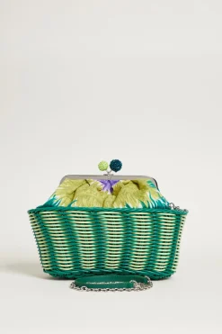 Clutch in tela stampata e rattan - Verde