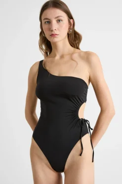 Costume intero monospalla in jersey lucido - Nero