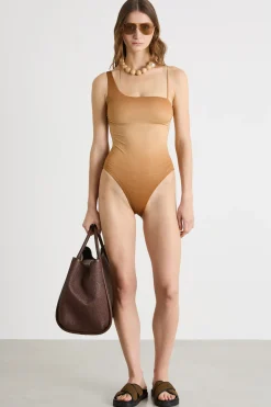 Costume intero monospalla in jersey sfumato - Beige Cammello