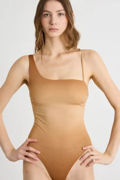 Costume intero monospalla in jersey sfumato - Beige Cammello