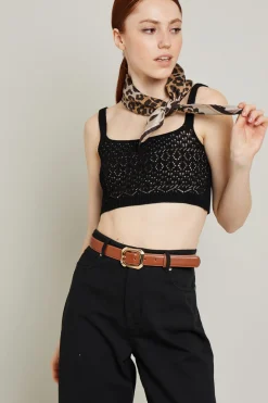 Crop top in cotone crochet - Nero