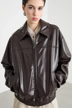 Giacca boxy in jersey spalmato - Marrone