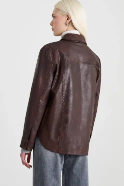 Giacca camicia in pelle - Marrone