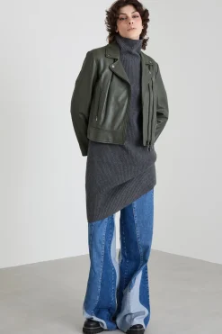 Giacca chiodo in pelle - Verde Kaki