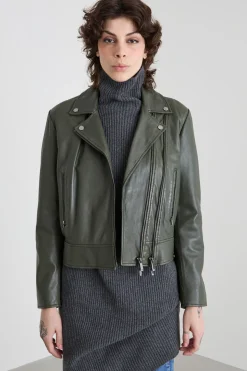 Giacca chiodo in pelle - Verde Kaki