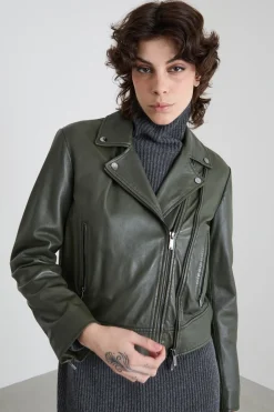 Giacca chiodo in pelle - Verde Kaki