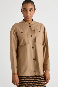 Giacca con colletto alla coreana in twill antigoccia - Cammello