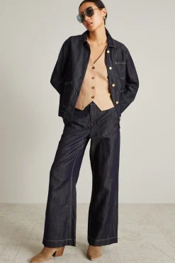 Giacca in denim di cotone e lino - Blu Scuro Denim