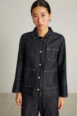 Giacca in denim di cotone e lino - Blu Scuro Denim