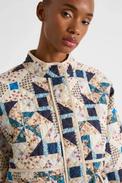 Giacca patchwork in cotone trapuntato - Beige Blu