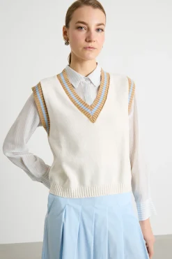 Gilet aderente con bordi rigati - Bianco Cammello Azzurro