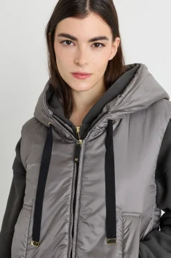 Gilet imbottito con cappuccio in tela antigoccia - Grigio