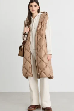 Gilet imbottito midi in tela antigoccia - Cammello
