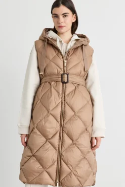 Gilet imbottito midi in tela antigoccia - Cammello