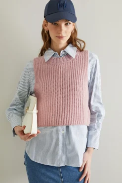Gilet in filato di lana a coste - Rosa