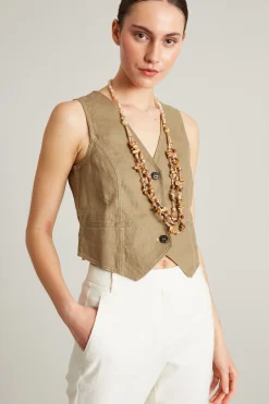 Gilet in lino - Verde Kaki