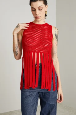 Gilet in maglia con frange - Rosso
