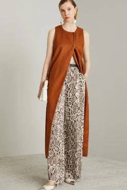 Gilet lungo in lino con piping - Tabacco