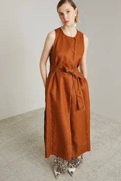 Gilet lungo in lino con piping - Tabacco