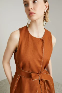 Gilet lungo in lino con piping - Tabacco