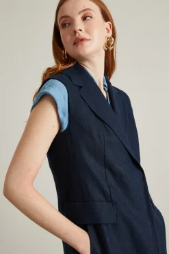 Gilet lungo in tela di lino - Blu Notte