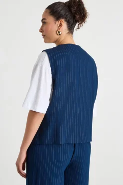 Gilet monopetto in tessuto gessato - Blu